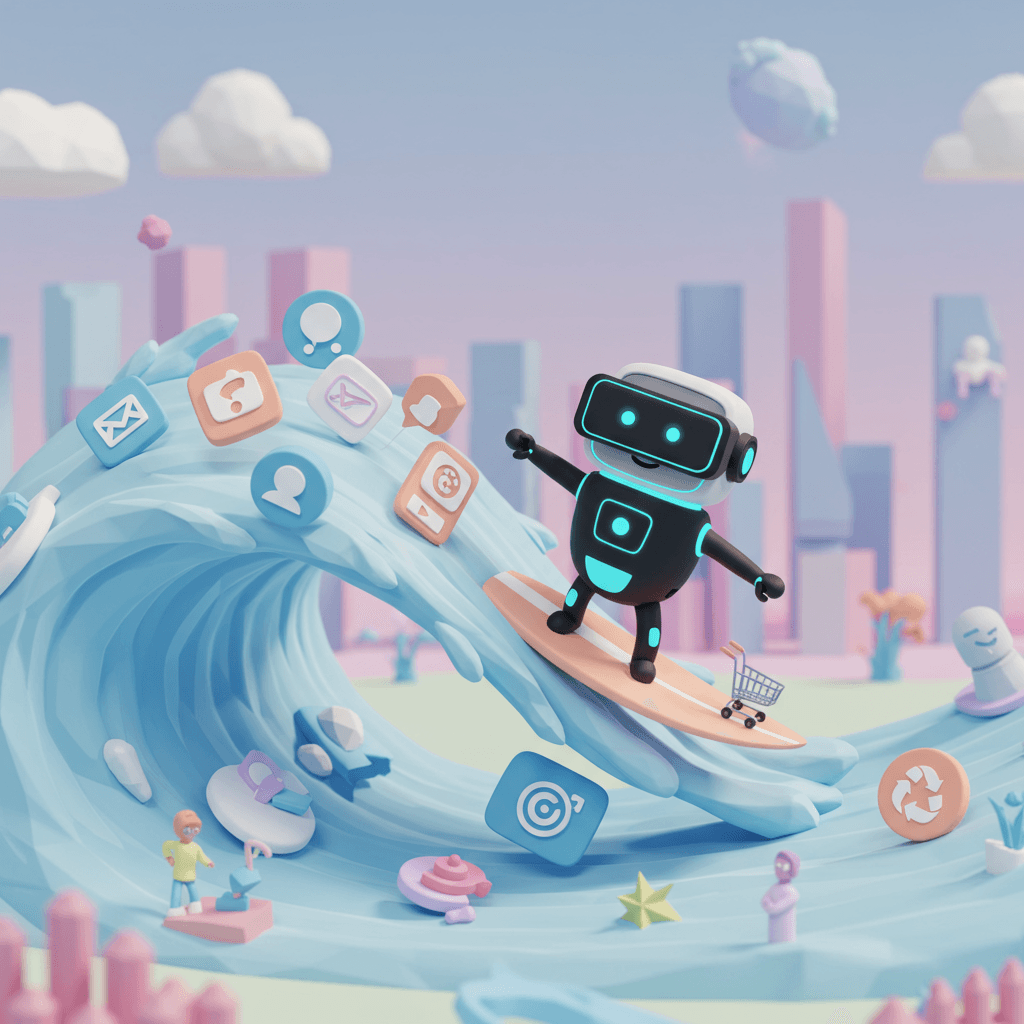 A mischievous, stylized image of a friendly AI chatbot character wearing VR glasses, surfing on a wave made of data streams. The wave features various icons representing social media, e-commerce, and sustainability initiatives. The chatbot should be smiling and holding a tiny surfboard shaped like a shopping cart. The background is a pastel-colored metaverse scene, featuring low-poly buildings and playful avatars. The overall style is cartoonish and expressive, emphasizing the fun and immersive aspects of 2025's digital marketing trends. The image should be dynamic and colorful.