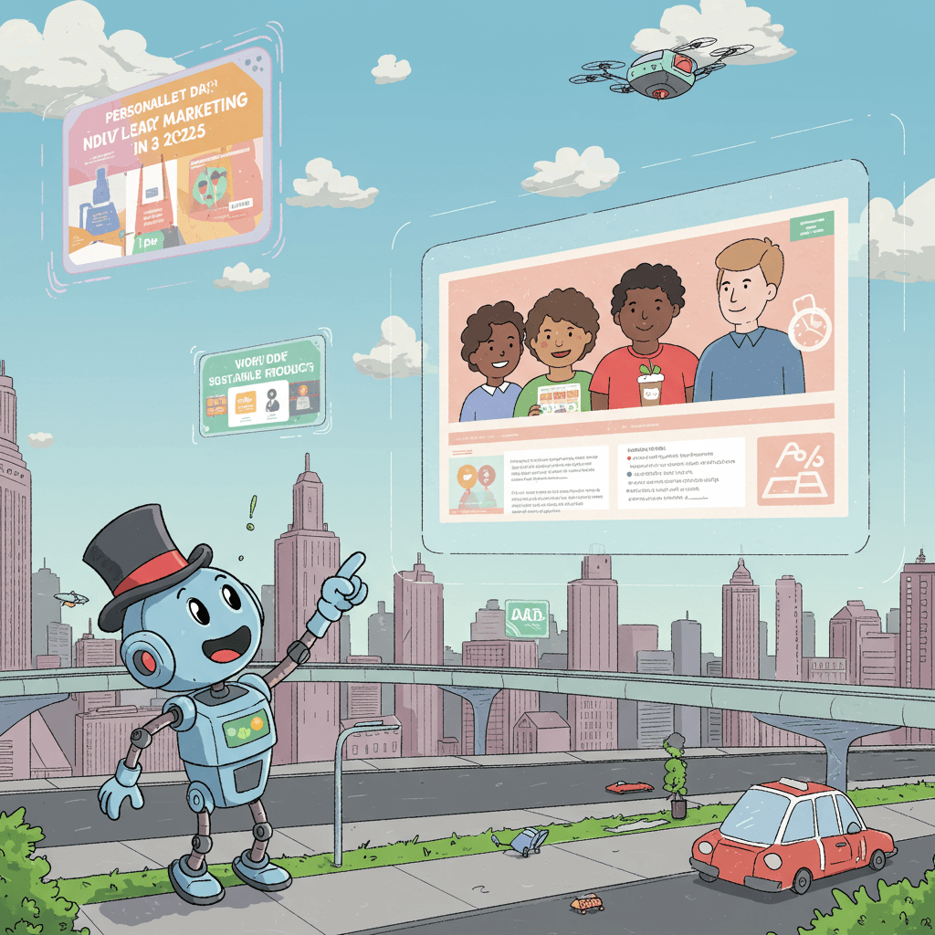 A playful, vibrant illustration depicting a futuristic cityscape with holographic advertisements floating in the air. A cartoon robot wearing a tiny top hat is excitedly pointing at a giant screen showcasing a personalized ad, with the screen showing a diverse group of happy people enjoying sustainable products. The overall style should be whimsical and slightly chaotic, hinting at the rapid changes and personalized nature of digital marketing in 2025. Use bold, bright colors and a dynamic composition. Add small details like flying cars and mini drones buzzing around.