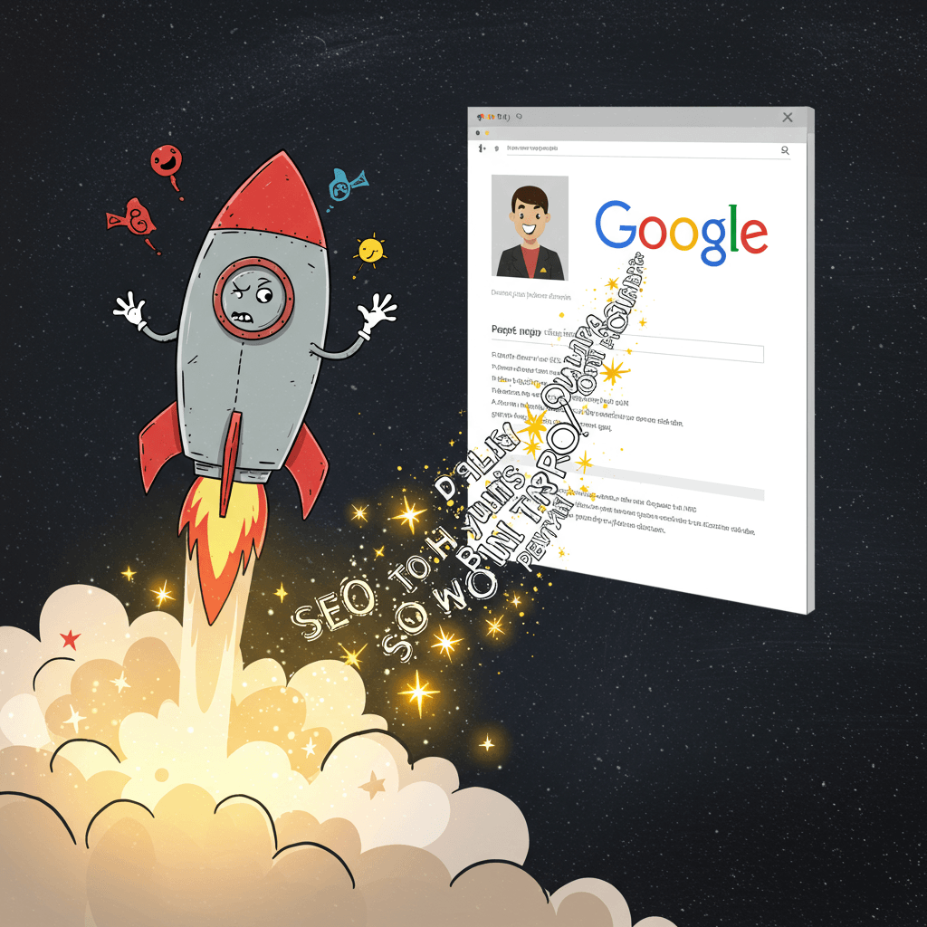 A mischievous cartoon rocket blasting off towards a giant Google search result page, leaving a trail of sparkling keywords like 'SEO', 'backlinks', and 'quality content'. The rocket is adorned with playful elements like a smiling face and tiny flags, and the Google page displays a top ranking for a fictional brand with a playful logo.