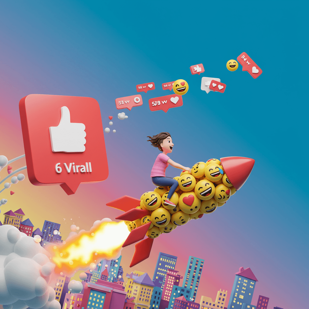 A playful, surreal photo depicting a person riding a rocket made of emojis, soaring past a giant 'like' button and a stream of notifications. The background should be a vibrant, psychedelic cityscape with cartoonish buildings. The overall style should be humorous and slightly chaotic, emphasizing the speed and excitement of going viral. The person should have an exaggeratedly surprised and joyful expression.