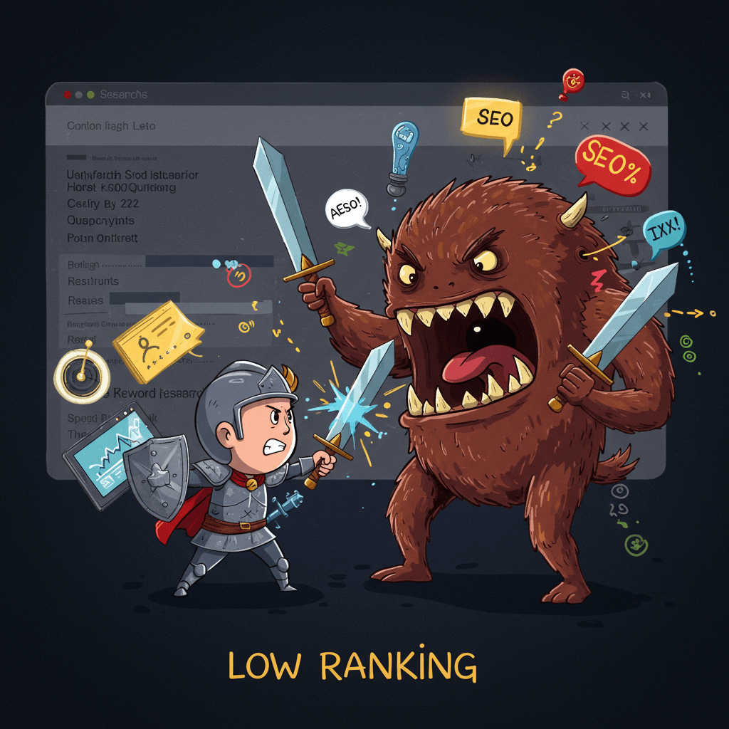 A playful illustration of a tiny, determined SEO warrior battling a monstrous 'Low Ranking' monster with various SEO weapons like keyword research tools, quality content swords, and backlink shields. The background is a stylized search engine results page, showcasing a dramatic victory for the SEO warrior.