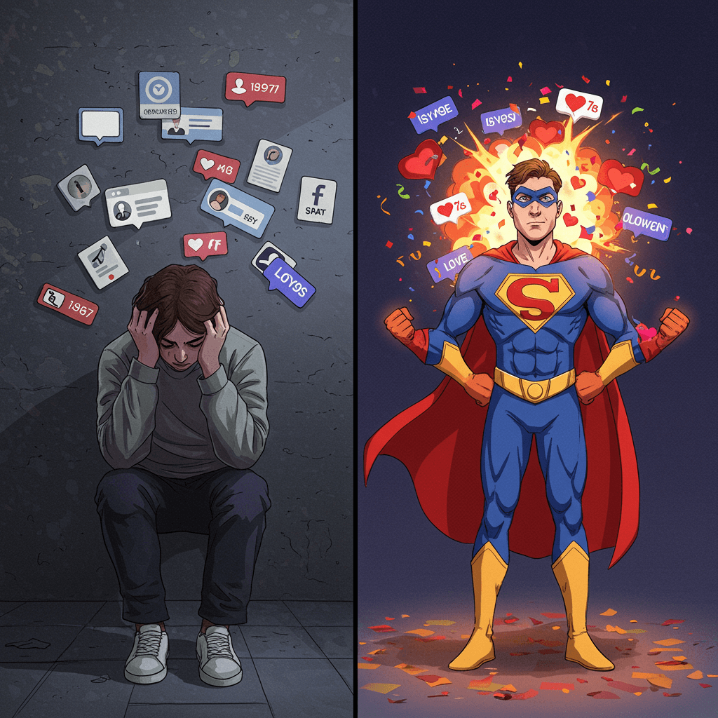 A split-screen image. One side shows a person looking dejected and alone, surrounded by empty social media notifications. The other side depicts the same person, transformed into a superhero, surrounded by exploding hearts, millions of followers, and celebratory confetti. The style should be highly contrasting: drab and lonely on one side, vibrant and exciting on the other, with a clear 'before and after' transformation. The superhero costume should be subtly branded with social media icons.