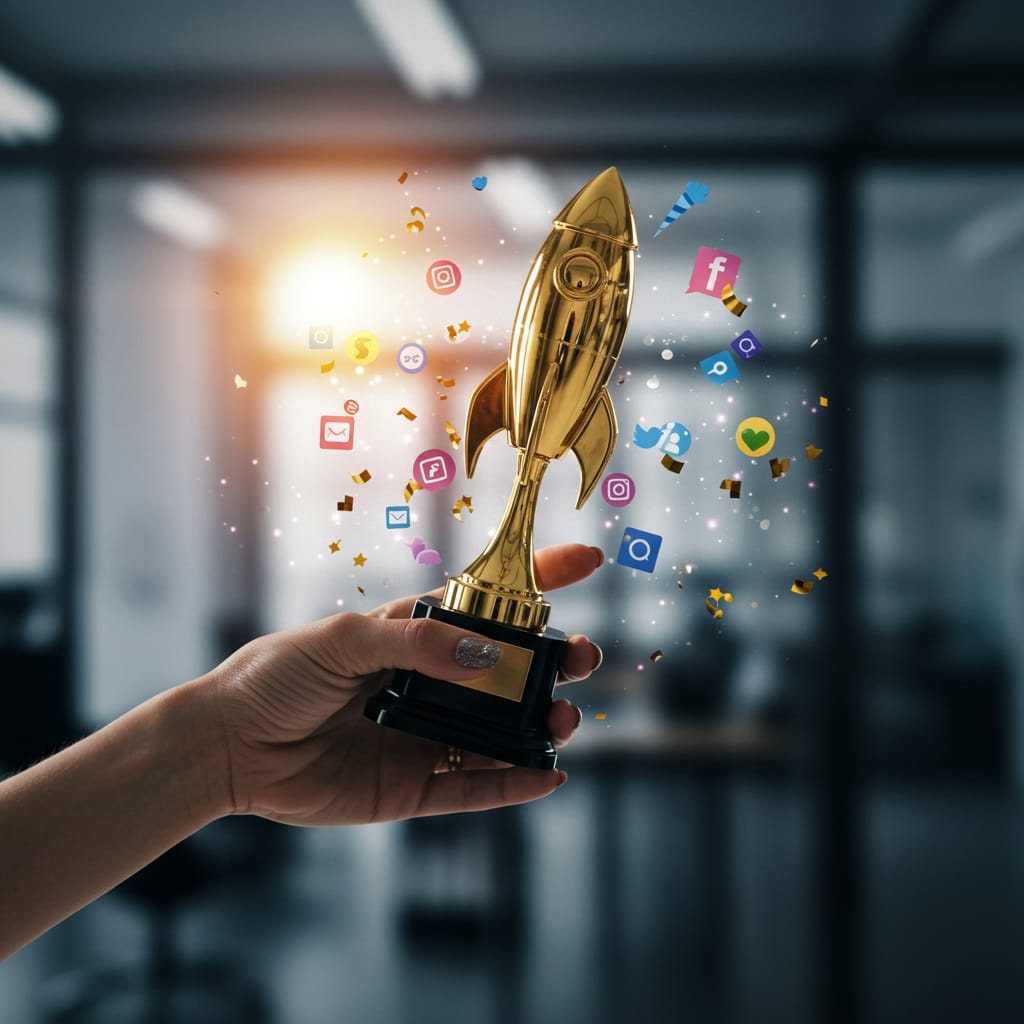 A close-up shot of a hand reaching out to grab a golden trophy shaped like a rocket launching into the sky, representing social media success. The trophy is surrounded by glittering confetti and tiny social media icons (Twitter bird, Instagram logo, Facebook 'f', etc.). The hand is stylishly manicured, wearing a trendy ring. The background is a blurred bokeh effect of a bustling social media office, suggesting a dynamic and active work environment. The style should be vibrant, high-key, and slightly surreal, evoking a sense of playful ambition and aspirational success. The lighting should be dramatic, emphasizing the shine of the trophy and the excitement of the moment. The overall feeling should be one of playful triumph and the rewarding feeling of social media marketing success.