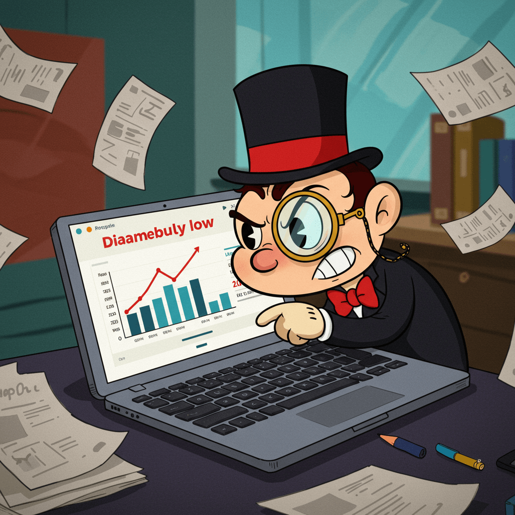 A mischievous cartoon character wearing a tiny top hat and monocle, intensely scrutinizing a laptop screen showing a graph with a dramatically low conversion rate. The background should be a brightly colored, chaotic office setting with papers flying everywhere. The style should be similar to a vintage Warner Brothers cartoon, with exaggerated expressions and dynamic poses. The character should have a slightly exasperated expression, perhaps with one eyebrow raised.