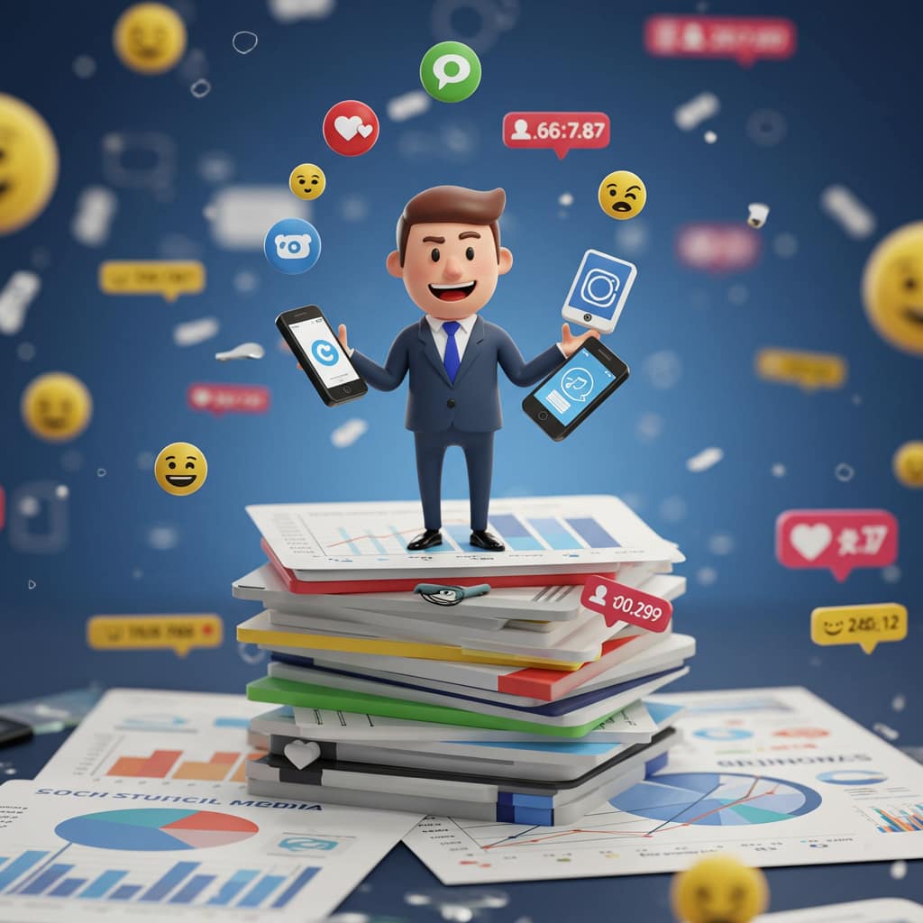 A mischievous cartoon character, dressed in a sharp business suit, is perched atop a giant stack of social media analytics charts. The character is playfully juggling miniature smartphones and tablets, each displaying a different social media platform's logo. The background is a vibrant, slightly chaotic scene of colorful data visualizations, emojis, and flashing notifications. The style is hyper-realistic yet cartoonish, with a playful, almost slapstick, energy. Think a combination of Pixar and a high-energy corporate presentation. The lighting is bright and cheerful, with a strong emphasis on the character's mischievous grin. The overall mood is fun, engaging, and subtly conveys the complexities of social media management.
