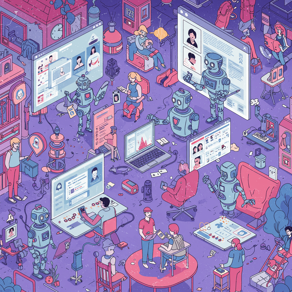 A playful, vibrant illustration depicting a futuristic cityscape with AI-powered robots creating engaging content, like interactive quizzes and short-form videos, for diverse human characters. The style should be whimsical and slightly chaotic, emphasizing the energy and rapid evolution of digital content creation. Think bright neon colors, dynamic lines, and a touch of surrealism. The overall mood should be fun and slightly mischievous, highlighting the transformative power of AI in content marketing. Include elements showcasing personalized content experiences (e.g., customized news feeds, interactive stories tailored to specific user profiles).