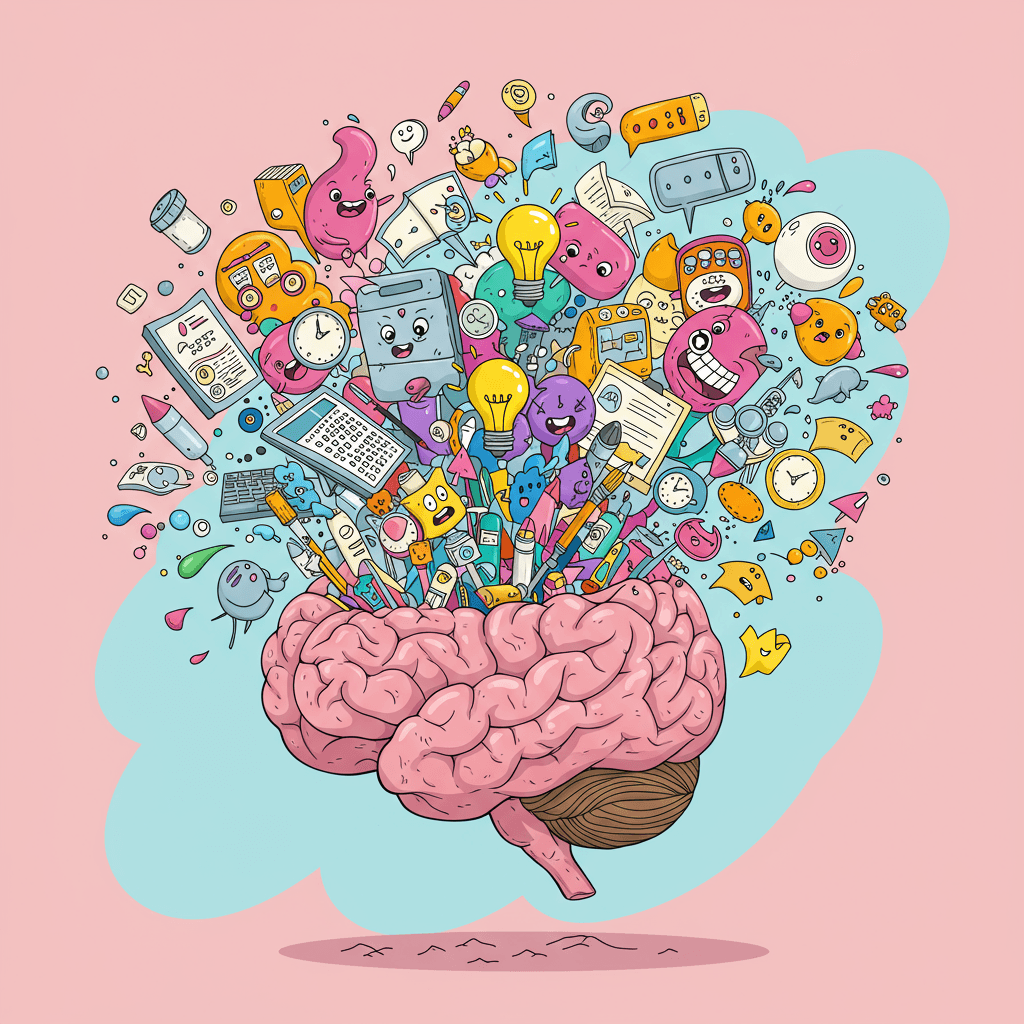 A whimsical illustration of a brain exploding with colorful creative ideas, represented by vibrant paint splatters, lightbulbs, and quirky characters. The style should be playful and slightly chaotic, with a mischievous grin on the brain's face. The background should be a bright, pastel gradient, and the overall vibe should be fun and energetic, emphasizing the exciting nature of creative content production. Think vibrant colors, dynamic composition, and a generally zany aesthetic.