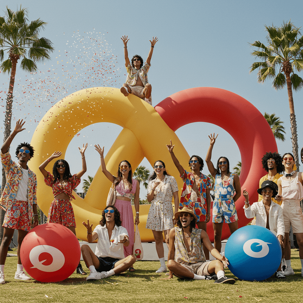 A photo depicting a diverse group of happy, stylish people celebrating around a giant, inflatable version of a brand logo. The scene should be outdoors, in a vibrant, sunny location, possibly a festival or outdoor event. The people should be engaging in playful activities, like tossing confetti or using oversized props related to the brand. The overall vibe should be energetic, fun, and inclusive. Think of a vibrant, slightly surreal and playful atmosphere. The photo should have a high resolution and a shallow depth of field, focusing on the expressions of joy on the faces of the people.