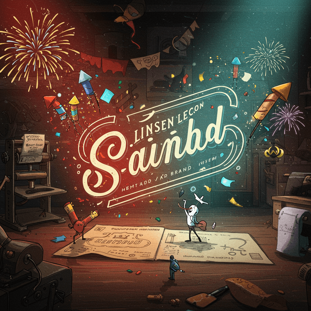 A mischievous, playful illustration depicting a vintage, hand-drawn logo morphing into a modern, sleek design, surrounded by celebratory confetti and fireworks. The style should be whimsical, almost cartoonish, with vibrant colors and dynamic lines. The background should hint at a historical setting (e.g., old-fashioned printing press elements) contrasted against a futuristic backdrop (e.g., holographic projections). Include elements suggesting a brand story unfolding – perhaps a tiny, determined character embarking on a journey.