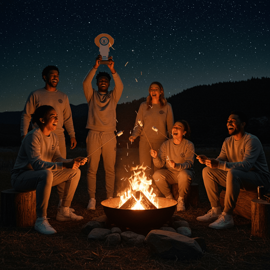 A group of diverse people, laughing and celebrating around a campfire under a starry night sky. They're dressed in comfortable clothes that subtly incorporate the brand's logo or colour scheme. The scene is warm and inviting, with a sense of community and shared accomplishment. One person is playfully holding aloft a trophy shaped like the brand's product, while others are toasting marshmallows with slightly mischievous grins. The style should be photorealistic, but with a slightly heightened colour saturation to enhance the feeling of joy and celebration. The campfire should be the focal point, with soft lighting spilling across the faces of the individuals, highlighting their happiness. The scene should represent a sense of belonging and camaraderie, showcasing the brand's role in connecting people and making their lives better. The overall feeling should be heartwarming and celebratory, emphasizing the power of community and shared success.