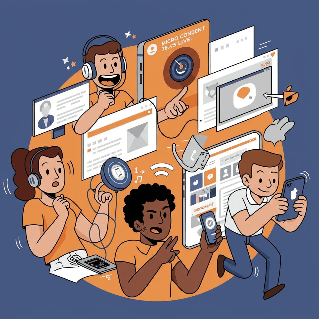 A mischievous cartoon scene showing a group of diverse characters enthusiastically interacting with various forms of content. One character is engrossed in a podcast, another is using a voice assistant to gather information, and a third is glued to a phone, rapidly scrolling through micro-content. There's a sense of playful competition; who can consume the most content? A cheeky, slightly retro design is desired, think a mix of 1950s cartoon styles with modern tech elements; use bright colors, exaggerated expressions, and dynamic poses. The focus should be on the playful energy and variety of content consumption methods, emphasizing the importance of understanding audience engagement in the context of modern marketing.