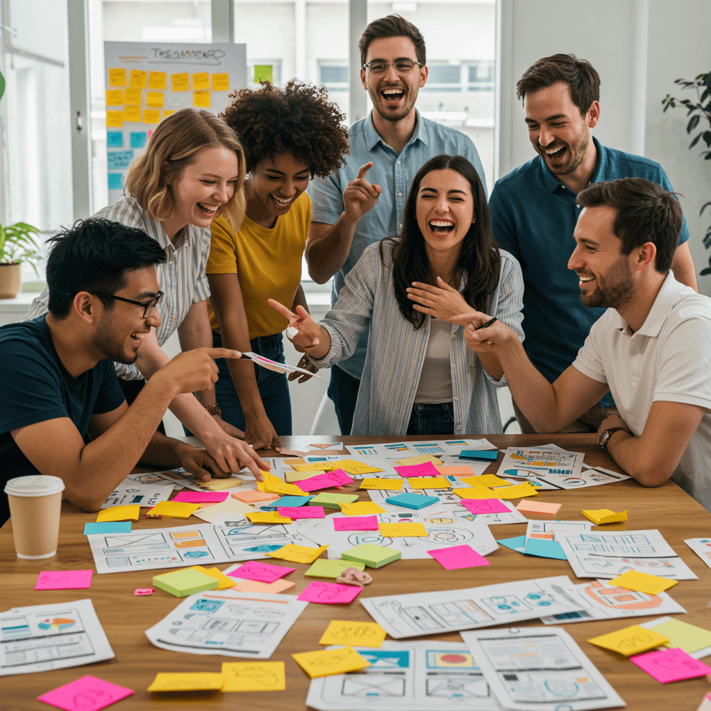 A vibrant, playful photo depicting a team of diverse, happy creatives huddled around a large table overflowing with colorful sticky notes, sketches, and mockups. The scene is bright and airy, maybe in a modern, open-plan office with natural light streaming in. One person is playfully pointing at a particularly outrageous idea on a sticky note, and another is laughing uproariously. The overall vibe is one of chaotic energy and collaborative brainstorming. The style should be similar to a Wes Anderson film, with a quirky, slightly whimsical aesthetic. Think bold colors, symmetrical compositions, and a touch of retro charm. The image should evoke a sense of fun, innovation, and collaborative success.