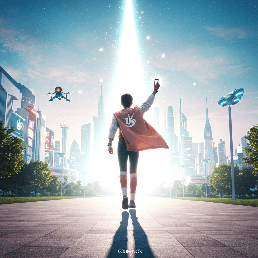 A superhero-like person, dressed in stylish, modern clothes, confidently striding towards a bright, futuristic city skyline. The background should have a subtle, almost magical glow. The person should have a determined expression, maybe even a mischievous glint in their eye. Think vibrant colours, dynamic lighting, and a slightly surreal, almost comic-book style. The overall vibe should be empowering and playful, capturing the feeling of achieving a goal and embracing a new beginning. The city skyline should include elements suggesting technology and innovation, perhaps flying vehicles or unique architectural details. The person should be holding a small, glowing device, symbolizing their transformation into a 'hero' due to the power of the brand.