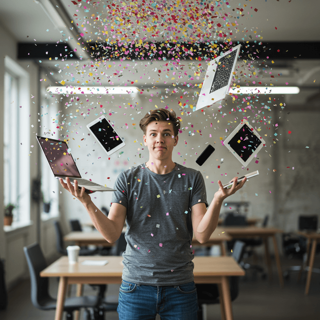 A photo of a person playfully juggling various digital devices (laptop, phone, tablet) while a shower of colorful, sparkling confetti rains down. The person should have a slightly exasperated but amused expression, suggesting the busy but rewarding nature of content creation. The background should be a blurred, trendy office space, and the lighting should be bright and cheerful. The overall mood should be lighthearted and humorous, with a focus on the multi-tasking and energetic aspects of digital content creation. Emphasize a fun and slightly chaotic energy.