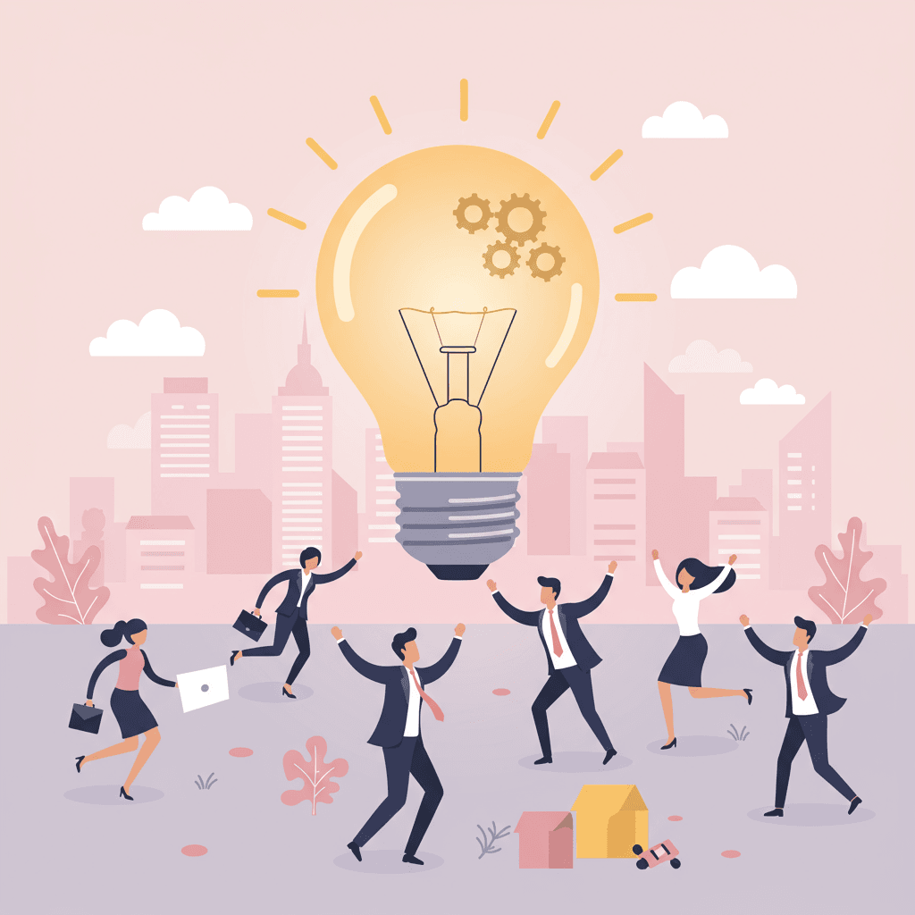 A whimsical, slightly surreal image showing a group of diverse, happy business people joyfully dancing around a giant, glowing lightbulb representing innovative ideas. The lightbulb should have small gears and cogs subtly integrated into its design, hinting at the strategic planning involved in the agency's work. The background could feature a stylized cityscape with hints of modern technology. The overall mood should be optimistic and energetic, using pastel colors and a slightly dreamy, otherworldly aesthetic. The style should be playful and slightly abstract, focusing on the vibrant energy and positive impact of the agency.