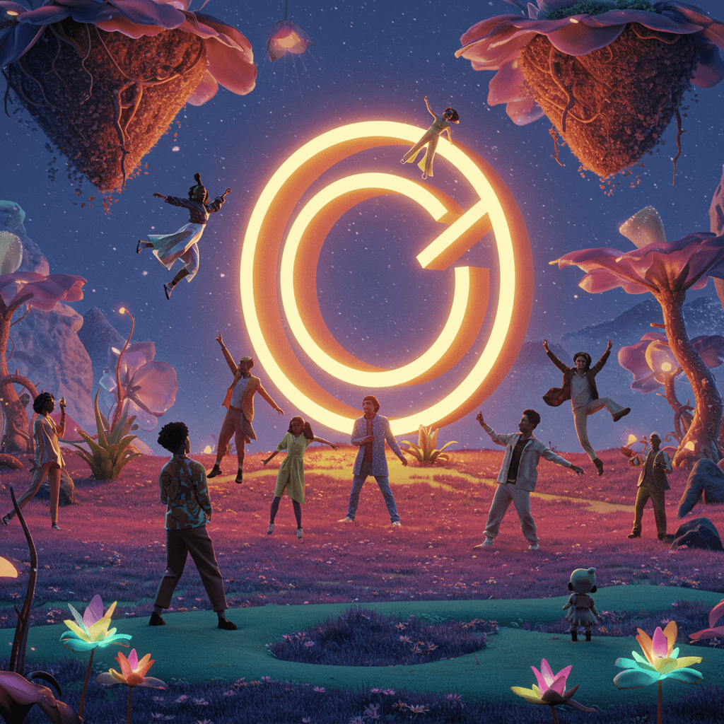 A surreal, dreamlike image showing a group of diverse, stylish people joyfully interacting around a giant, glowing brand logo that resembles a magical portal. The setting should be a fantastical landscape, perhaps with floating islands and glowing flora. The style should be playful and vibrant, with a focus on vibrant colors, dynamic poses, and magical elements. People should be interacting in a fun and engaging way, with maybe one person levitating or a small magical creature interacting with them. The logo should be the central focus, radiating a sense of wonder and excitement. The overall mood should be fun, imaginative and celebratory.