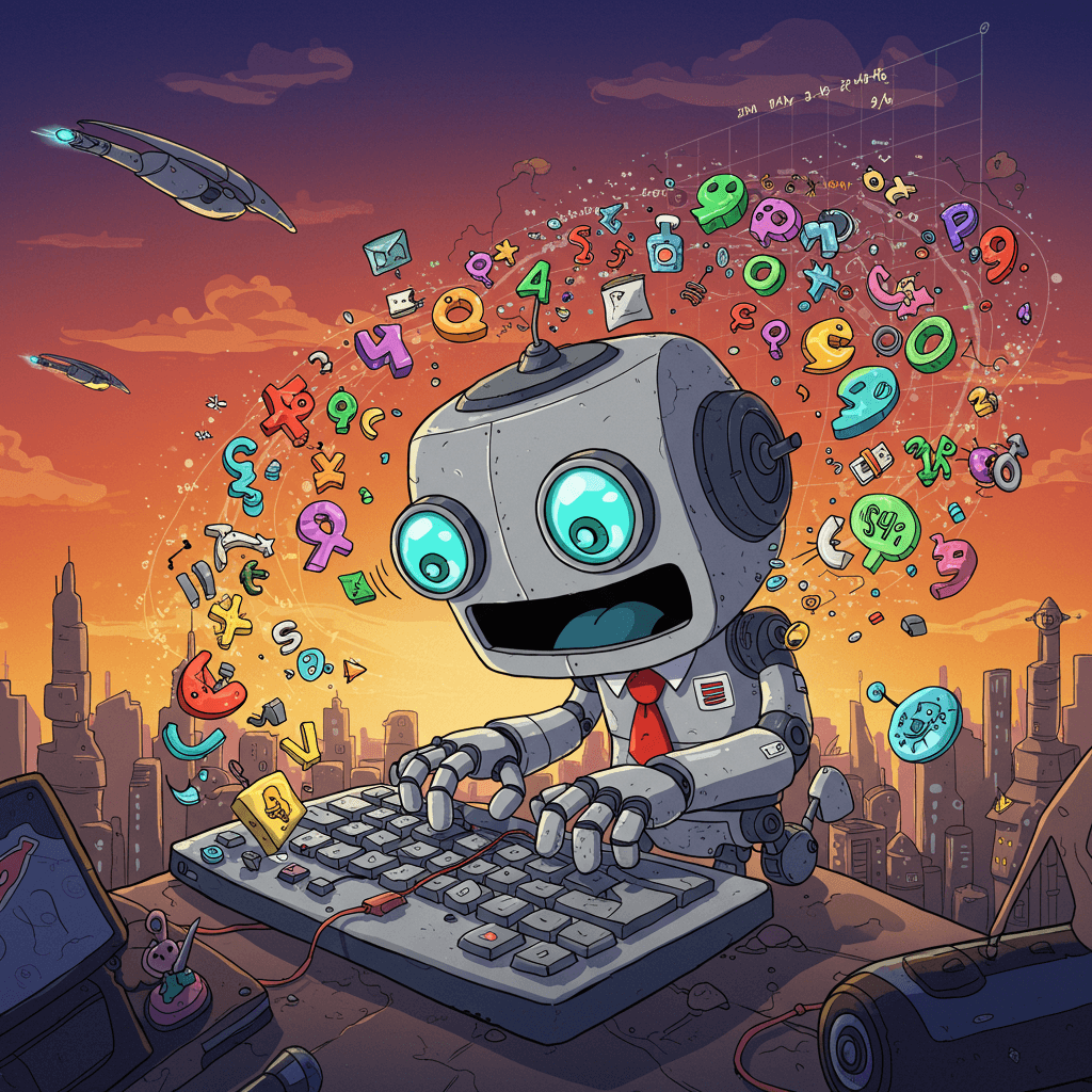 A whimsical illustration of a tiny robot wearing a tiny business suit, frantically typing on a miniature keyboard, surrounded by data streams and graphs that are overflowing with colorful, playful numbers and symbols. The robot's eyes are wide with a slightly manic energy. The overall style should be vibrant, cartoonish, and slightly chaotic, evoking a sense of playful overwhelm but ultimately successful efficiency. The background should feature a stylized cityscape at sunset, with miniature skyscrapers and flying cars suggesting a fast-paced, technologically advanced world.