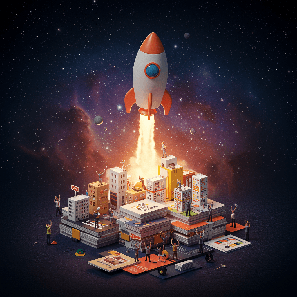 A dynamic, slightly surreal image showing a rocket ship blasting off from a miniature cityscape made of stacked marketing materials (brochures, business cards, etc.). The rocket ship is playfully designed, maybe shaped like a coffee cup or a giant thumb drive. The miniature cityscape is meticulously detailed and brightly colored. Tiny figures representing clients are cheering wildly below. The background should be a starry night sky with a vibrant, swirling nebula. The style should be a mix of photorealistic detail and fantastical elements. Think hyperrealism meeting whimsical illustration. The overall feeling should be one of ambitious growth, playful innovation, and achieving incredible heights for clients.