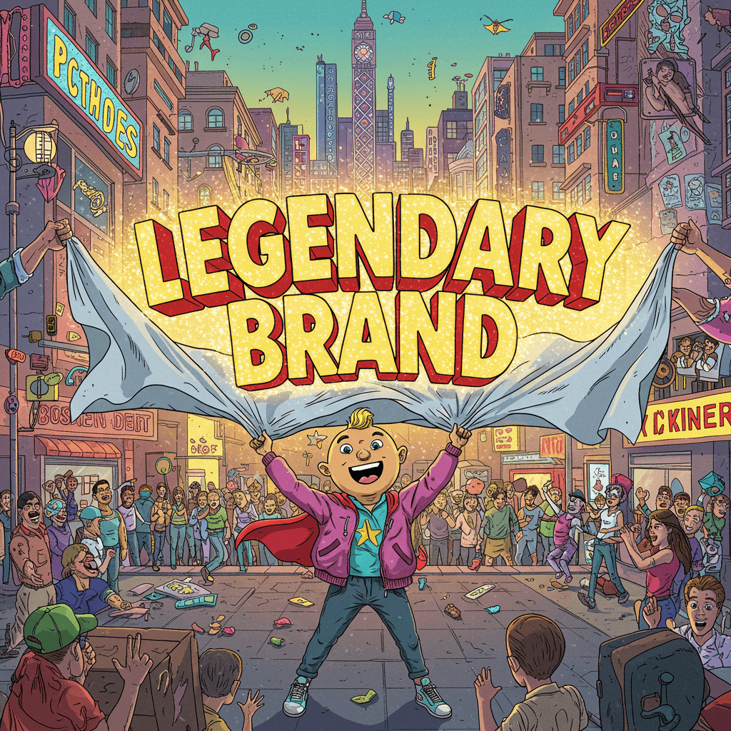A whimsical, slightly chaotic scene depicting a superhero brand mascot, clad in vibrant, modern clothing, dramatically unveiling a giant, sparkling 'LEGENDARY BRAND' banner against a backdrop of a bustling, diverse cityscape. The style should be a mix of pop art and comic book, with exaggerated expressions and bold colors. The mascot should have a mischievous grin, and maybe a cape billowing in the wind. Include small details, like cheering crowds and maybe a flying hotdog or something equally unexpected.