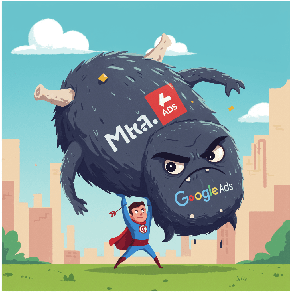 Küçük, kararlı bir süper kahramanın (başarılı bir pazarlama kampanyasını temsil ediyor) Meta ve Google Ads logoları taşıyan dev, huysuz bir canavarı (boşa harcanan reklam harcamalarını temsil ediyor) zahmetsizce kaldırdığını gösteren eğlenceli bir illüstrasyon. Arka plan parlak, neşeli bir şehir manzarası. Süper kahramanın üzerinde küçük bir hedef sembolü olan bir pelerin olmalı ve yaramaz bir gülümsemesi olmalı. Canavar komik ve yenilmiş görünmeli. Çizgi film tarzında ve canlı olmalı, parlak, cesur renkler ve dinamik bir kompozisyon kullanılmalı. Genel ruh hali neşeli ve muzaffer olmalı.