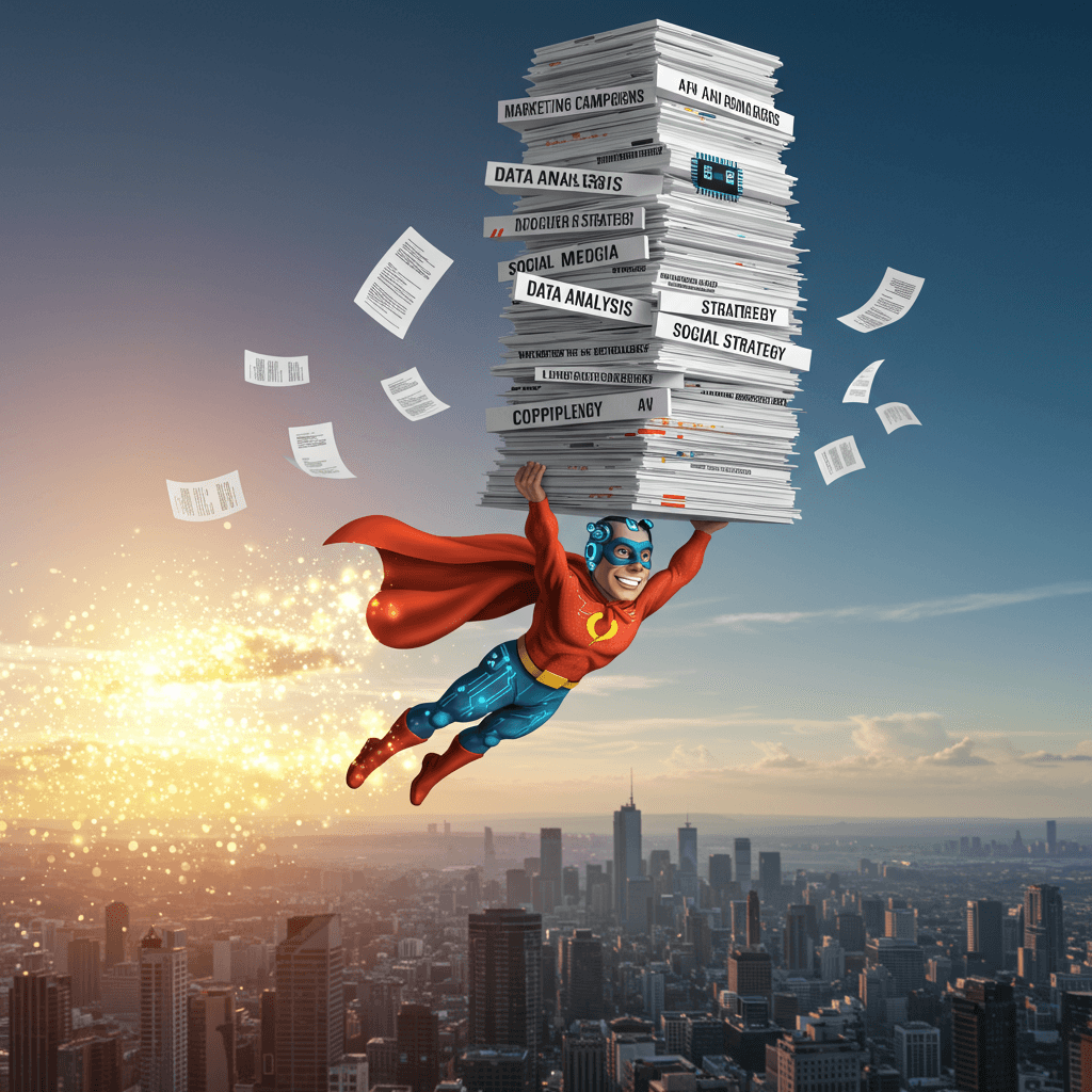 A photorealistic image depicting a superhero (think retro comic book style) effortlessly gliding through the air, carrying a massive stack of papers labeled 'Marketing Campaigns', 'Data Analysis', 'Social Media Strategy', etc. The superhero is smiling confidently, wearing a cape adorned with AI-related symbols (microchips, binary code), and leaving a sparkling trail of completed tasks in their wake. The background should be a vibrant, dynamic cityscape, with a focus on the sense of speed and accomplishment. The overall feeling should be one of triumphant efficiency and playful power.