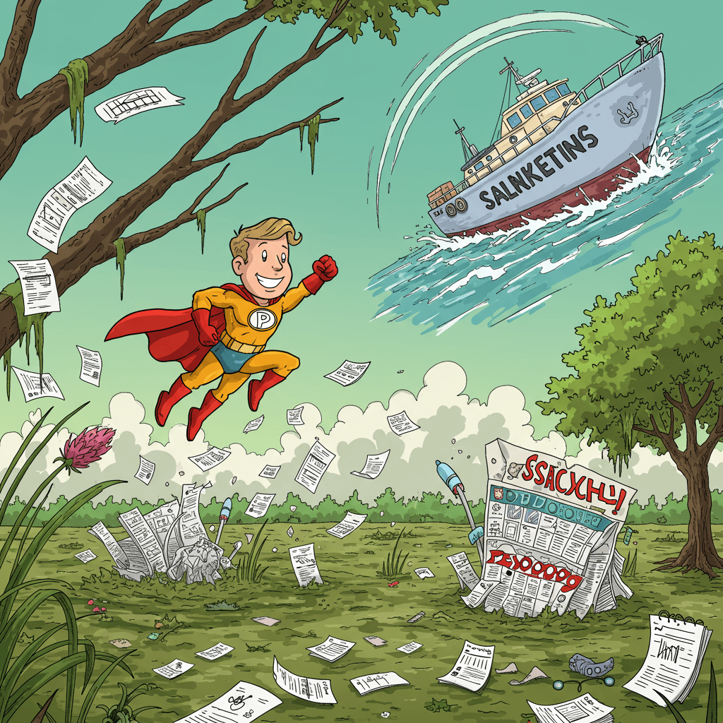 A playful, vibrant image depicting a superhero (representing a marketing agency) dramatically rescuing a struggling small business from a chaotic, swamp-like landscape of overflowing paperwork and missed deadlines. The superhero should have a confident, almost mischievous grin, and the rescued business should be depicted as a sleek, modern ship sailing smoothly on calm waters in the background. Use bright, saturated colors and a dynamic composition, emphasizing the contrast between the chaotic swamp and the calm waters. The style should be reminiscent of a comic book, with bold lines and exaggerated features.