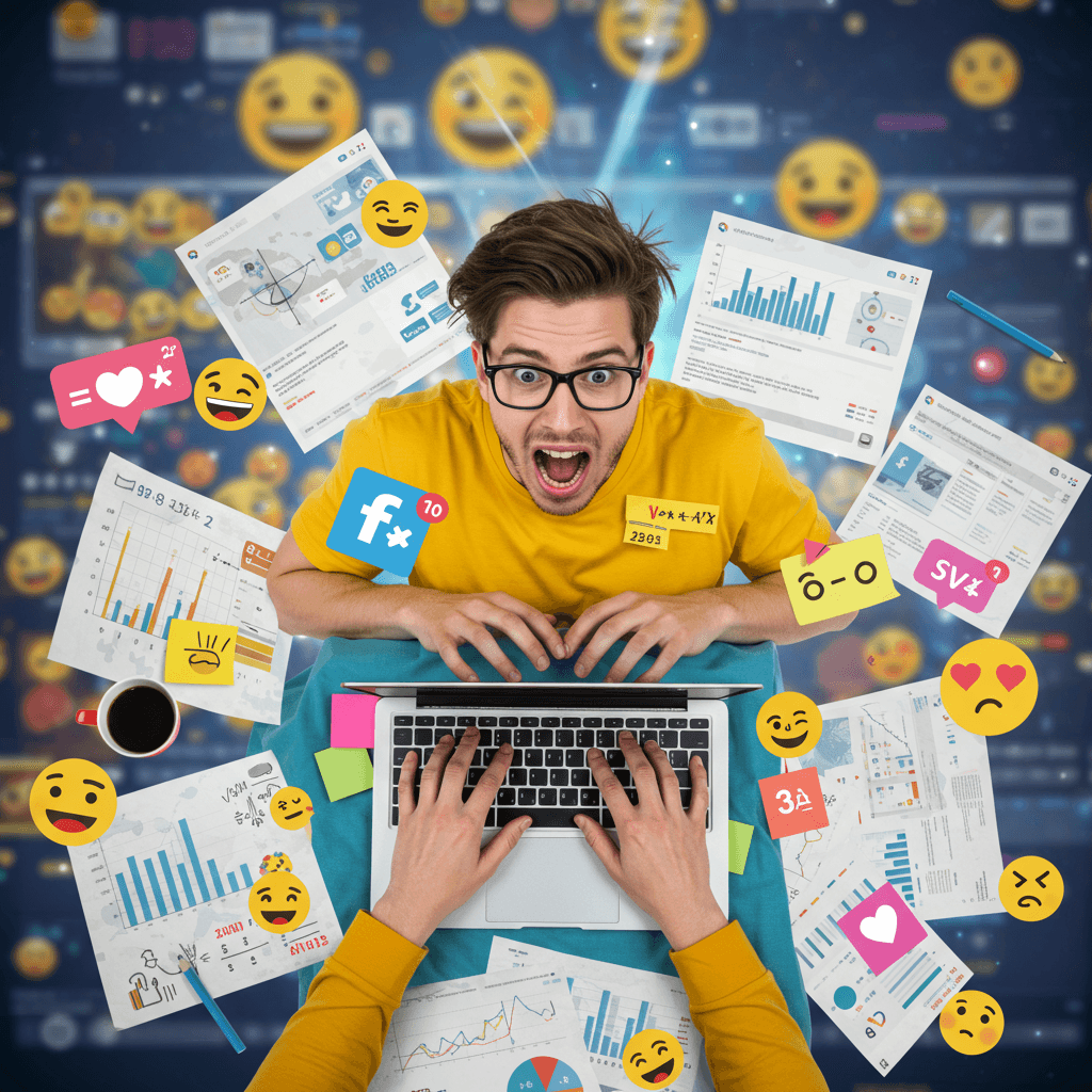 A playful, slightly chaotic scene of a person frantically typing on a laptop, surrounded by scattered papers, graphs, and brightly colored sticky notes with mathematical formulas and social media icons. The background should be a vibrant, slightly out-of-focus depiction of a bustling social media feed, with emojis and notifications flashing. The person's expression should be a mix of determination and slight panic, conveying the pressure of trying to crack the code of viral content. The overall style should be hyper-realistic with a comedic touch; think slightly exaggerated expressions and slightly messy surroundings. The lighting should be bright and energetic, emphasizing the frenetic energy of the scene.