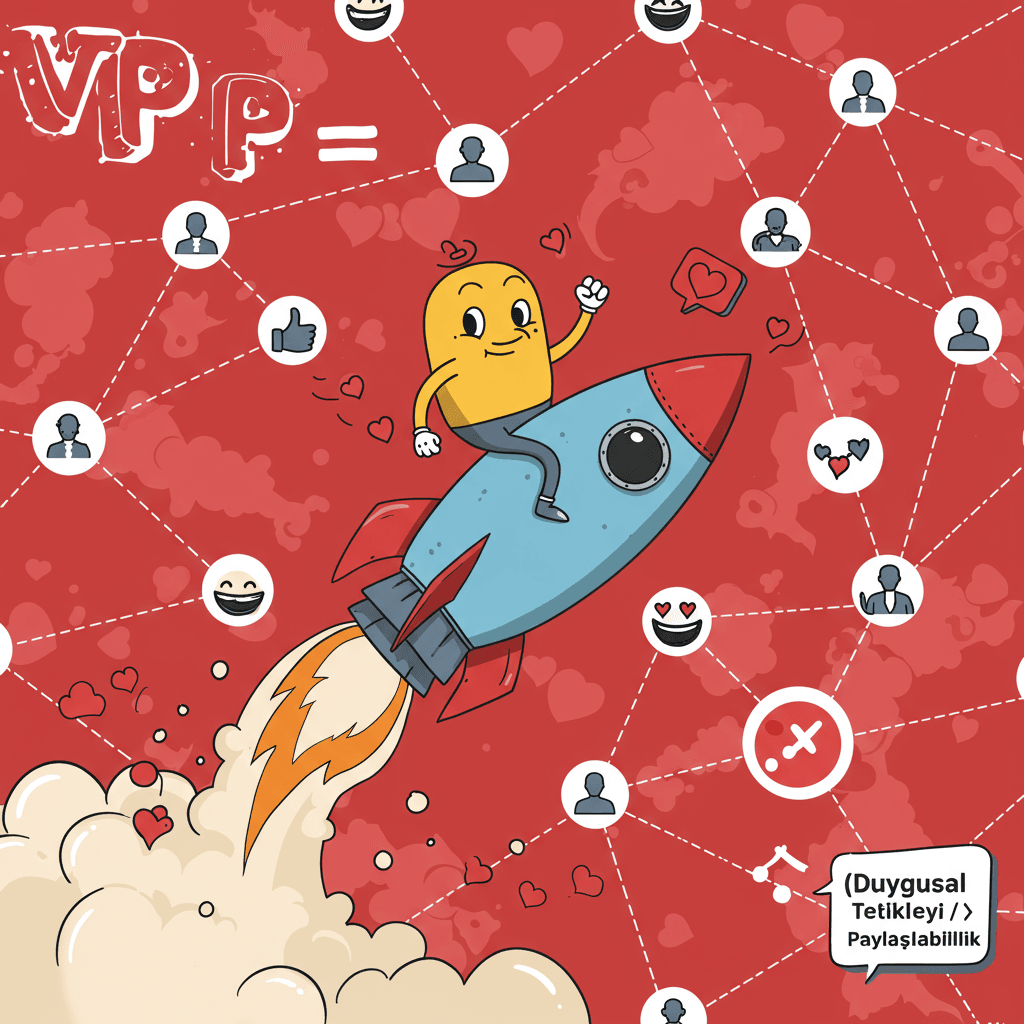 A whimsical, cartoonish illustration of the viral equation VP = (Duygusal Tetikleyici × Paylaşılabilirlik) / Zaman, depicted as a mischievous cartoon character riding a rocket ship made of likes, comments, and shares. The background should be a stylized representation of a network graph, showing connections between various social media accounts, with the rocket leaving a trail of hearts and laughing emojis. The character's expression should be smug and triumphant, suggesting a successful viral campaign. The style should be vibrant and playful, with bold colors and dynamic lines. The overall vibe should be fun and lighthearted, while still conveying the key concept of the equation in an engaging way.